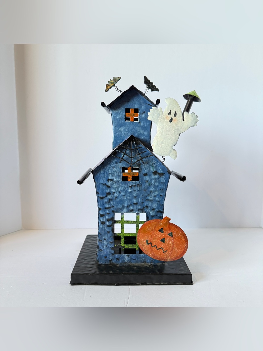 Vintage-Style Halloween Haunted House Candle Luminary – Folk Art Metal Decor